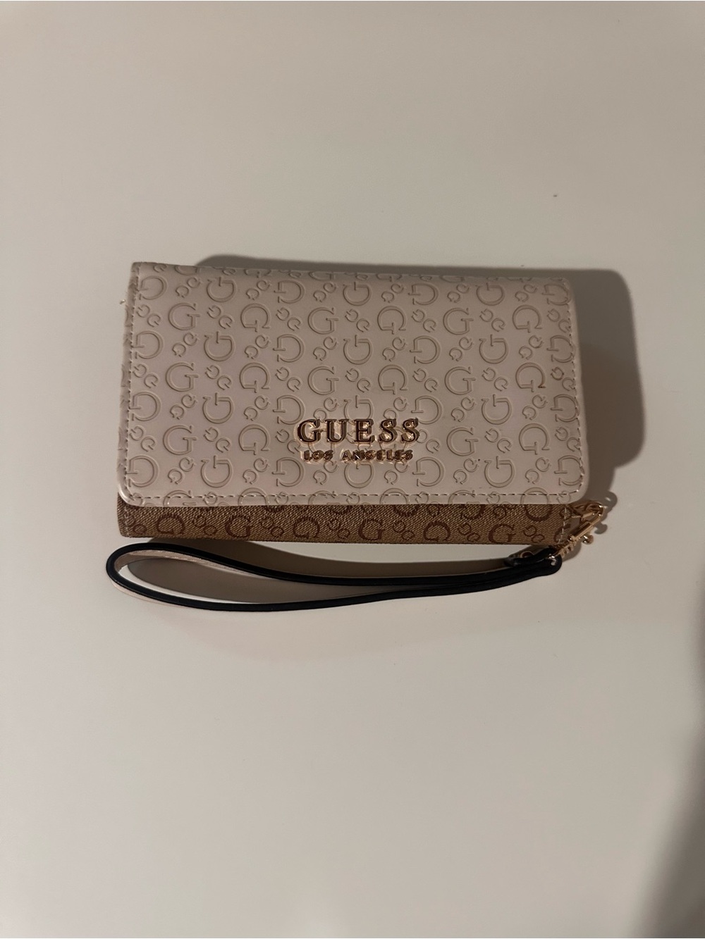 Guess Two-Tone Logo Wristlet in Beige, Brown and Black